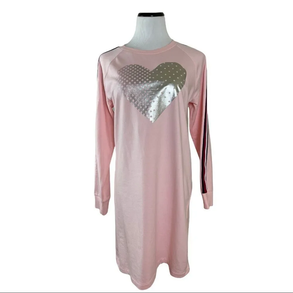 NWT Tommy Hilfiger Pink Metallic Heart Sweatshirt Dress Long Sleeves Sz M Y2K